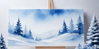 The primary subject of the image is a painting of a snowy landscape with trees. The setting is a snowy mountain with a blue sky, and the visual style is a watercolor painting. The dominant colors are blue and white, creating a serene and peaceful atmosphere.